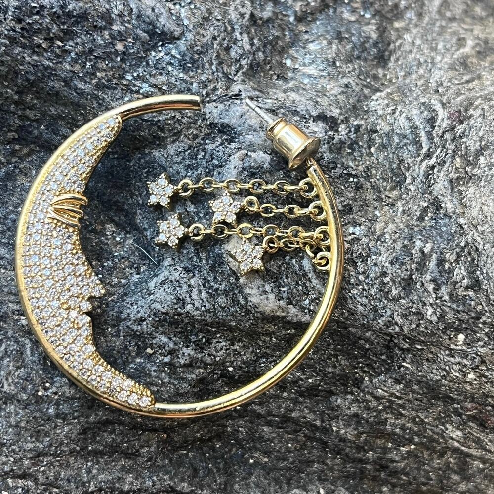 Estate large Celestial gold plate moon and stars crystal earrings pierced